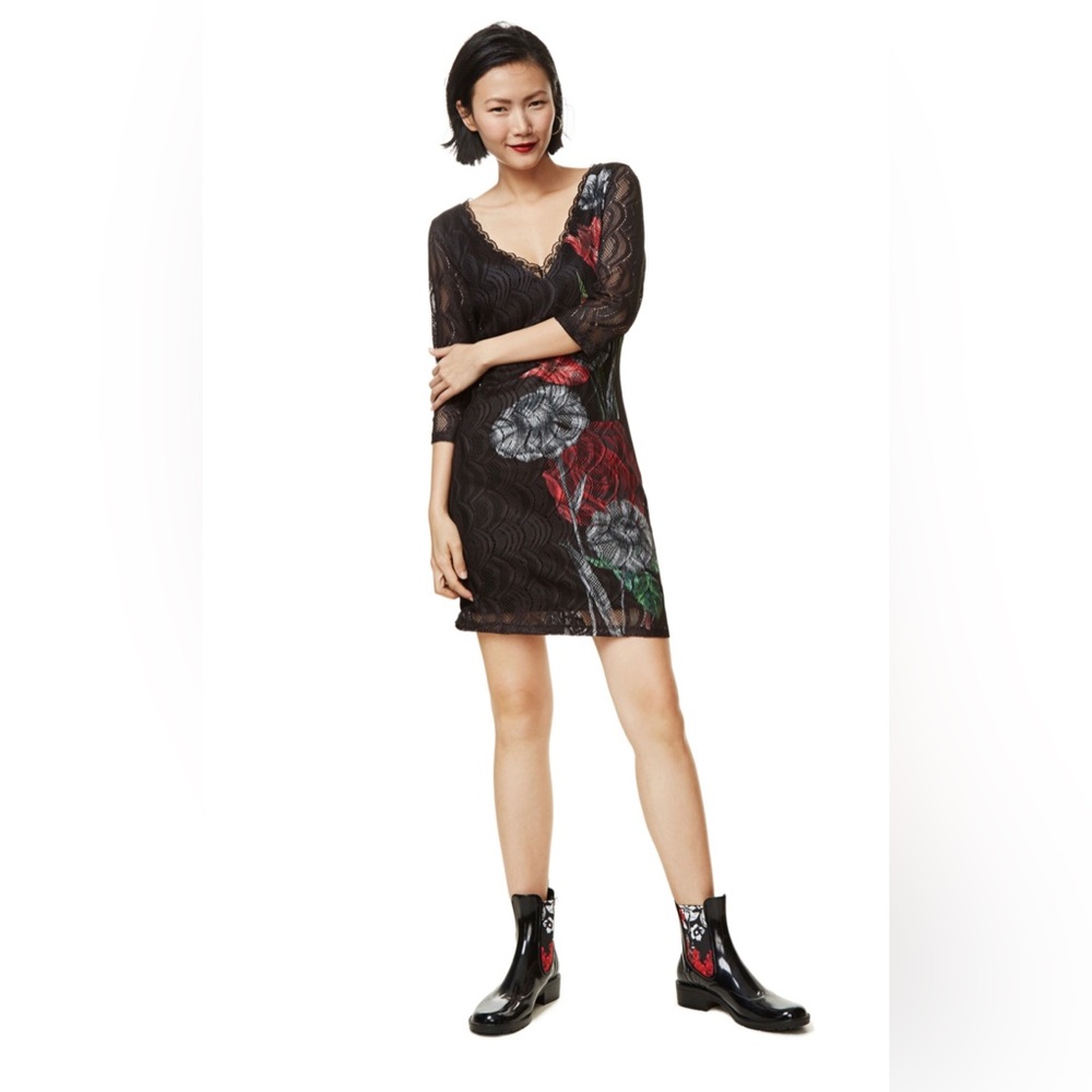 NWT Desigual Lace Dress Black w/flowers Size EU XL or US L